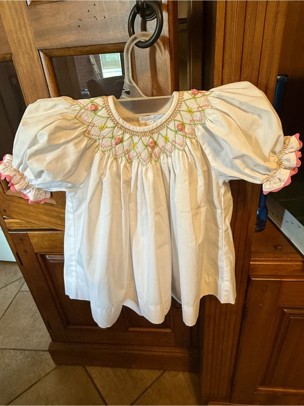 Girls' White Smocked Puff-Sleeve Dress Blouse with Pink & Green Embroidery